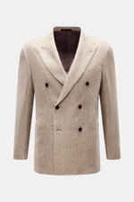Caruso Sakko 'Aida' beige meliert, frontal fotografiert, zweireihig mit steigendem Spitzrevers, Hanf-Woll-Mix, Slim Fit, Brust- und Hüfttaschen.