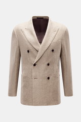 Caruso Sakko 'Aida' beige meliert, frontal fotografiert, zweireihig mit steigendem Spitzrevers, Hanf-Woll-Mix, Slim Fit, Brust- und Hüfttaschen.
