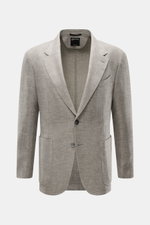 Frontale Nahaufnahme des Zegna Sakko 'Riviera' grau/weiß meliert aus Leinen-Wolle-Seide-Mix mit Slim Fit, fallendem Revers und aufgesetzten Taschen.