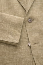 Close-up front view of Zegna Smart-casual jacket olive mottled with two buttons, step lapel, and fine textured linen, wool, and silk blend fabric.

Description: <p>Hot days are guaranteed to be enjoyable in this smart-casual jacket in linen, wool and silk