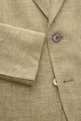 Close-up front view of Zegna Smart-casual jacket olive mottled with two buttons, step lapel, and fine textured linen, wool, and silk blend fabric.

Description: <p>Hot days are guaranteed to be enjoyable in this smart-casual jacket in linen, wool and silk