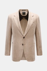 Zegna Sakko taupe meliert, Slim Fit, aus Leinen, Wolle, Seide, feines Strukturgewebe, taillierter 2-Knopf-Stil, fallendes Revers, frontale Ansicht.
