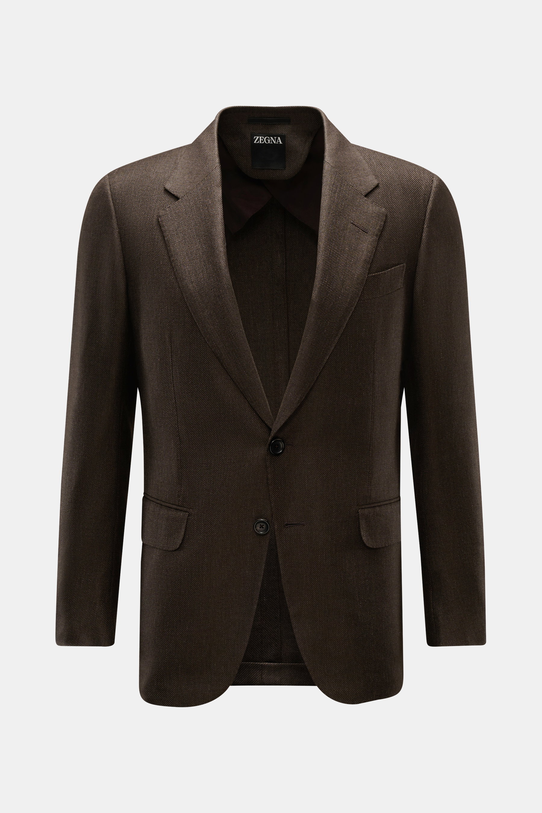 Front view of Zegna Smart-casual jacket dark brown in cashmere, silk, and linen blend with two-button, step lapel, and flap pockets.

Description:  
<p>The two-button smart-casual jacket by ZEGNA made of cashmere and silk with linen content embodies Itali