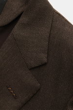 Close-up front angle of the Zegna Smart-casual jacket dark brown showcasing the cashmere, silk, and linen blend fabric with fine weave pattern and soft texture.

Description: <p>The two-button smart-casual jacket by ZEGNA made of cashmere and silk with li