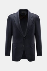 Front view of the Zegna Smart-casual jacket dark navy in cashmere, silk, and linen blend with a slim fit, two-button style, step lapel, breast pocket, flap hip pockets, unfinished cuffs, and side vents.

<p>The two-button smart-casual jacket by ZEGNA made