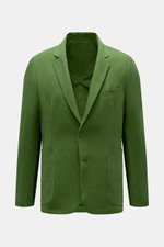 Percival Sakko 'Tailored Linen' grün, frontal fotografiert, Slim Fit, Mix aus Leinen-Baumwolle, fallendes Revers, Brust- und aufgesetzte Hüfttaschen, Ärmel mit Knöpfen, Seitenschlitze, halb gefüttert, zwei Innentaschen, leicht griffige Qualität.