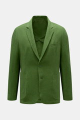 Percival Sakko 'Tailored Linen' grün, frontal fotografiert, Slim Fit, Mix aus Leinen-Baumwolle, fallendes Revers, Brust- und aufgesetzte Hüfttaschen, Ärmel mit Knöpfen, Seitenschlitze, halb gefüttert, zwei Innentaschen, leicht griffige Qualität.