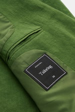 Nahaufnahme des halb gefütterten Percival Sakko 'Tailored Linen' grün, aus atmungsaktivem Leinen-Baumwoll-Mix mit Innentasche, fotografiert von innen.