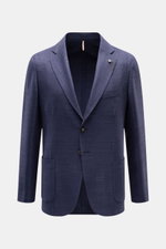 Santaniello Sakko dunkelblau aus Wolle-Seiden-Mix, Slim Fit, tailliert, mit fallendem Revers, Brusttasche, Hüfttaschen, frontal fotografiert.