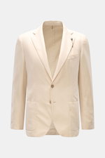 Santaniello Sakko creme, frontale Ansicht, Slim Fit, taillierter Zwei-Knopf-Stil, Baumwolle-Leinen-Mohair, weicher Griff, fallendes Revers mit Label-Pin, Brust- und Hüfttaschen, Kissing Buttons, rückwärtige Seitenschlitze, Unconstructed Design, drei Innen