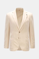 Santaniello Sakko creme, frontale Ansicht, Slim Fit, taillierter Zwei-Knopf-Stil, Baumwolle-Leinen-Mohair, weicher Griff, fallendes Revers mit Label-Pin, Brust- und Hüfttaschen, Kissing Buttons, rückwärtige Seitenschlitze, Unconstructed Design, drei Innen