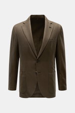 Santaniello Sakko dunkelbraun, frontale Nahaufnahme, Slim Fit, Baumwolle-Leinen-Mohair-Mix, tailliert, zwei Knöpfe, Revers mit Label-Pin, Brust- und Hüfttaschen.