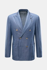 Santaniello Smart-casual jacket grey-blue mottled, front view of a slim fit, double-breasted three-button wool-linen blend jacket with pointed lapel, classic breast pocket, patch hip pockets, kissing buttons, side vents, unconstructed design, and three in