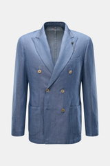 Santaniello Smart-casual jacket grey-blue mottled, front view of a slim fit, double-breasted three-button wool-linen blend jacket with pointed lapel, classic breast pocket, patch hip pockets, kissing buttons, side vents, unconstructed design, and three in