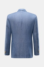 Santaniello Smart-casual jacket grey-blue mottled shown from the back, highlighting the fine wool-linen blend, slim fit, and unconstructed design. Classic elegance for the new season: This double-breasted smart-casual jacket by SANTANIELLO in fine wool wi
