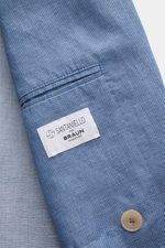 Close-up shot of the inner sleeve and label of the Santaniello Smart-casual jacket grey-blue mottled, showing fine wool and linen blend fabric with a soft feel and slim fit.

Description: <p>Classic elegance for the new season: This double-breasted smart-