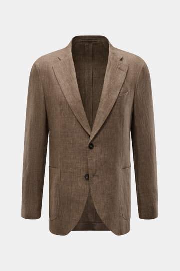Incotex Leinensakko braun meliert, frontale Nahaufnahme, Sommer-Sakko aus leichtem, reinem Leinen, Slim Fit, Zwei-Knopf-Stil, fallendes Revers, Brusttasche, aufgesetzte Hüfttaschen, Kissing Buttons, Unconstructed Design, zwei Innentaschen.