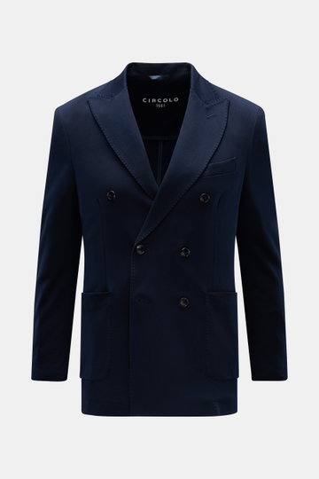 Vorderansicht des schmal geschnittenen Circolo 1901 Piqué Sakko navy aus elastischem Baumwoll-Piqué mit Slim Fit, zweireihigem Drei-Knopf-Stil, Spitzrevers, Brusttasche, Hüfttaschen, Knopfärmeln, halb gefüttert.