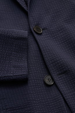 Harris Wharf London Seersucker-Blazer navy, Nahaufnahme von Knöpfen, Brust- und aufgesetzter Hüfttasche, Baumwoll-Mix, Slim Fit, ungefüttert.