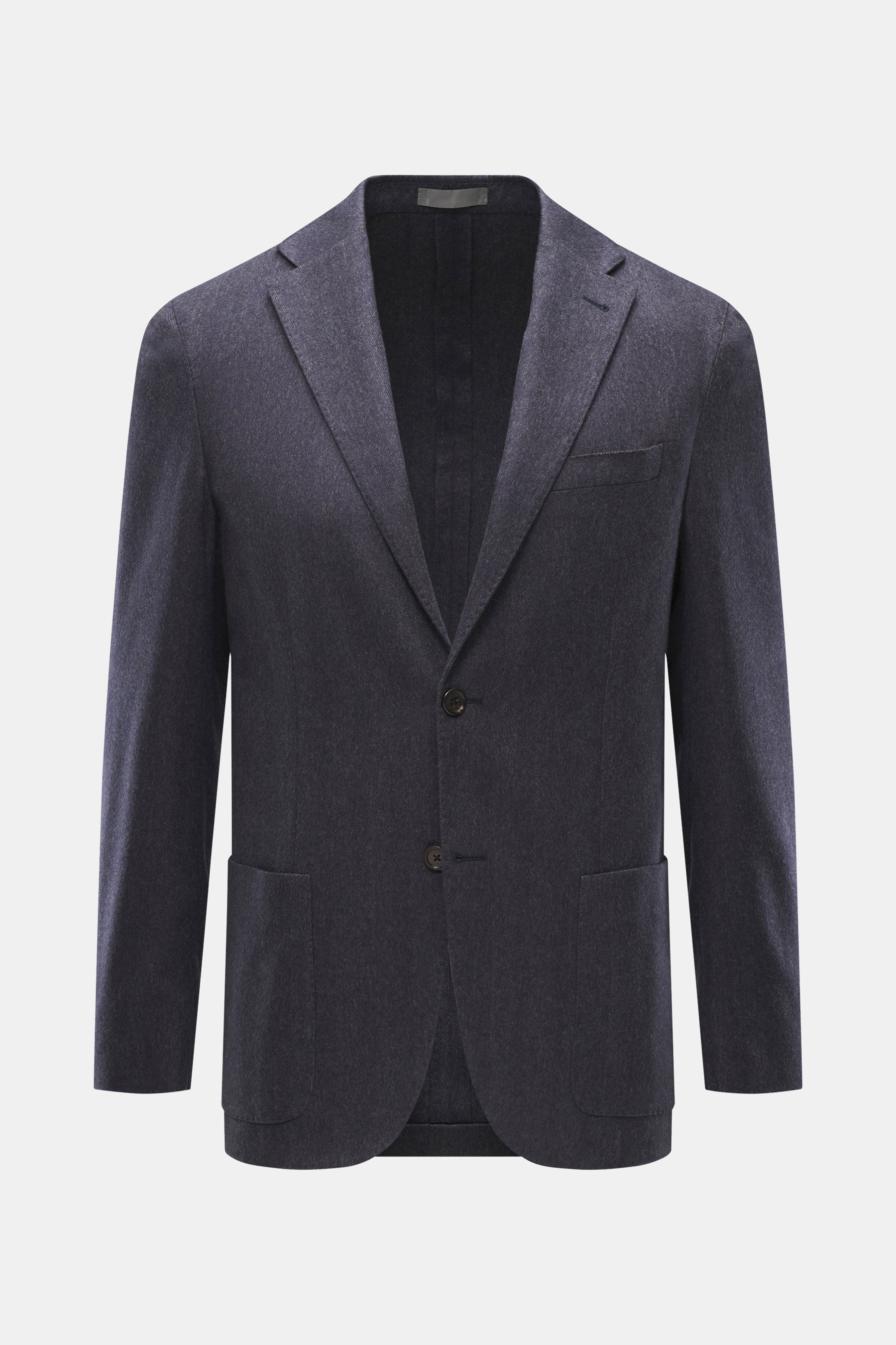 Corneliani Blazer grey pattern shown from front, slim fit, two-button tailored style, notched lapel, breast pocket, patch hip pockets, silk-cashmere blend with fine herringbone weave, soft touch, unconstructed design, kissing buttons, rear side vents, one