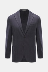 Corneliani Blazer grey pattern shown from front, slim fit, two-button tailored style, notched lapel, breast pocket, patch hip pockets, silk-cashmere blend with fine herringbone weave, soft touch, unconstructed design, kissing buttons, rear side vents, one