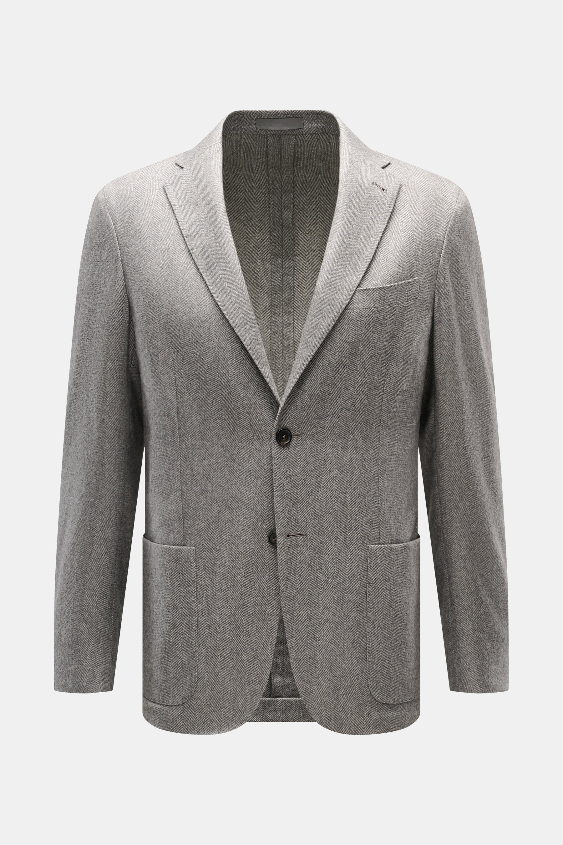 Corneliani Blazer grey pattern shown from the front, slim fit, silk-cashmere blend with tonal herringbone, two-button, notched lapel, breast and patch hip pockets.