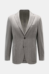 Corneliani Sakko grau gemustert aus Seiden-Cashmere-Mix, Slim Fit, tailliert, Fischgratmuster, frontal fotografiert, zwei Knöpfe, Revers, Taschen.