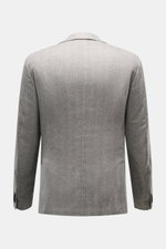 Corneliani Sakko grau gemustert, Rückansicht, Slim Fit, Seiden-Cashmere-Mix, tonales Fischgrat, taillierter Zwei-Knopf-Stil, fallendes Revers, Kissing Buttons.