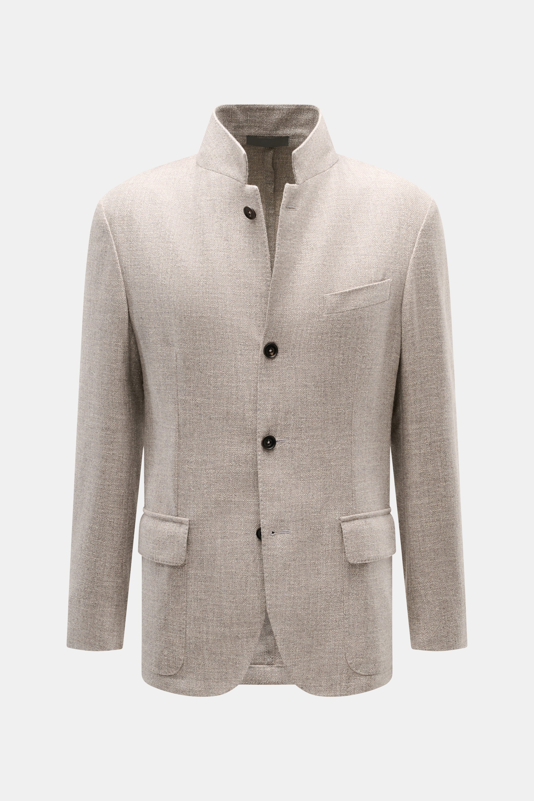 Corneliani Blazer grey/light brown melange, front view, slim fit with stand-up collar, four buttons, breast pocket, flap hip pockets, soft virgin wool blend.

<p>Perfectly crafted style by CORNELIANI: with optimal fit by Italian master craftsmanship, this