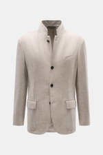 Corneliani Sakko grau/hellbraun meliert, frontale Nahaufnahme, Slim Fit, Drei-Knopf, melierte Webstruktur, weicher Schurwoll-Seiden-Mix, variable Revers, Taschen mit Patte.