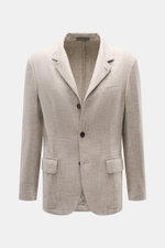 Corneliani Sakko grau/hellbraun meliert, frontal fotografiert, Slim Fit mit melierter Webstruktur, drei Knöpfen, Brust- und Hüfttaschen, weicher Schurwoll-Seiden-Mix.