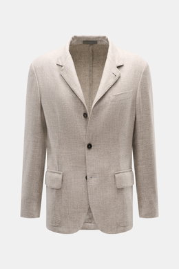 Corneliani Sakko grau/hellbraun meliert, frontal fotografiert, Slim Fit mit melierter Webstruktur, drei Knöpfen, Brust- und Hüfttaschen, weicher Schurwoll-Seiden-Mix.
