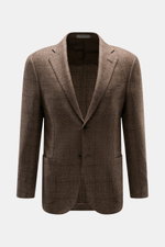 Corneliani Sakko graubraun kariert, Slim Fit, aus Wolle-Cashmere-Mix mit Prince-of-Wales Muster, frontale Nahaufnahme, zwei Knöpfe, Revers, Taschen.