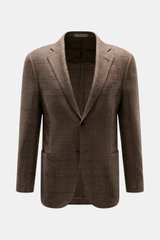 Corneliani Sakko graubraun kariert, Slim Fit, aus Wolle-Cashmere-Mix mit Prince-of-Wales Muster, frontale Nahaufnahme, zwei Knöpfe, Revers, Taschen.
