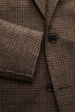 Corneliani Sakko graubraun kariert aus Wolle-Cashmere-Mix, Slim Fit, tonales Prince-of-Wales Muster, Detailaufnahme von Knopf und Revers.