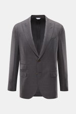 Frontalansicht des Boglioli Sakko 'K. Jacket' graubraun meliert aus reiner Wolle mit Slim Fit, tailliertem Zwei-Knopf-Stil, Spitzrevers, Brusttasche, Patten-Hüfttaschen und Kissing Buttons.