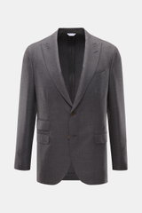 Frontalansicht des Boglioli Sakko 'K. Jacket' graubraun meliert aus reiner Wolle mit Slim Fit, tailliertem Zwei-Knopf-Stil, Spitzrevers, Brusttasche, Patten-Hüfttaschen und Kissing Buttons.