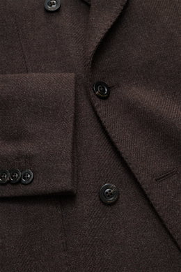 Nahaufnahme des Boglioli Sakko 'K. Jacket' dunkelbraun, italienisches Unconstructed-Design aus Wolle-Cashmere, Knöpfe und fallendes Revers.