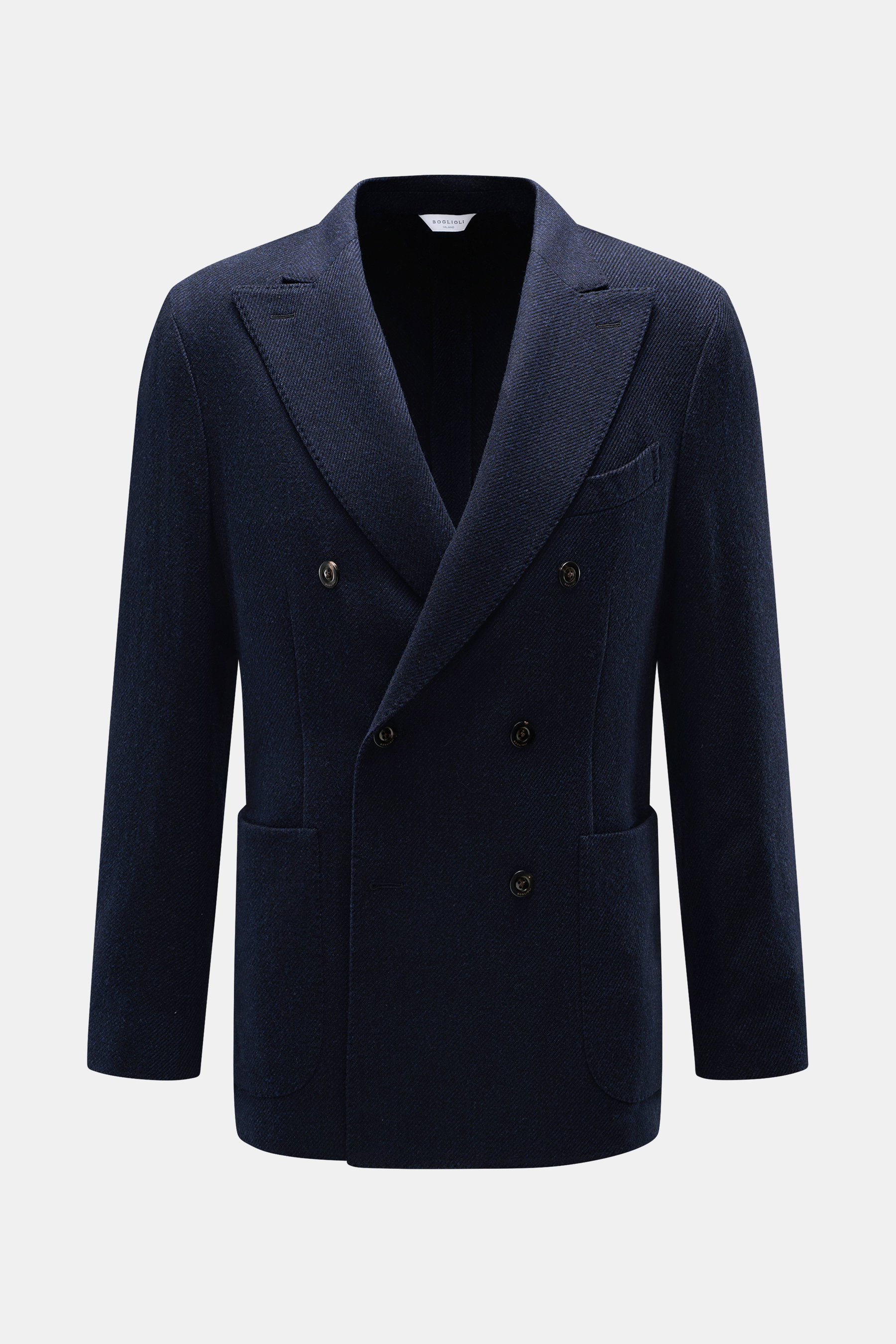 Front view of Boglioli Blazer 'K. Jacket' navy, a double-breasted wool-cashmere blend blazer with notched lapel, breast pocket, patch hip pockets, kissing buttons, rear side vents, unconstructed design, and two inner pockets, offering casual Italian style
