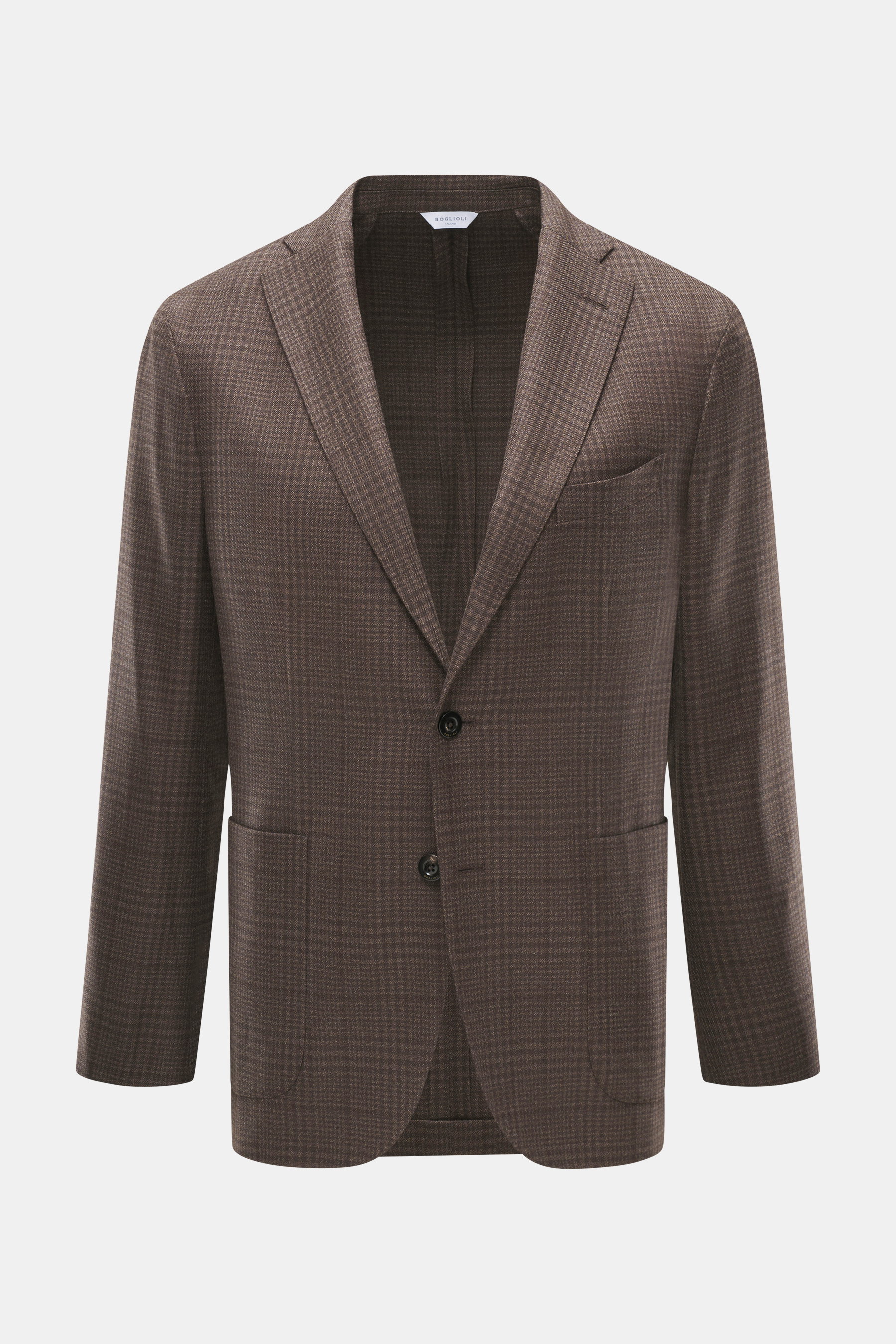 Front view of the Boglioli Blazer 'K. Jacket' brown/dark brown checkered, a slim fit unconstructed blazer in pure wool with a Glen check pattern.

Additional description:  
Ideal for your next business trip: The soft unconstructed blazer 'K. Jacket' by BO