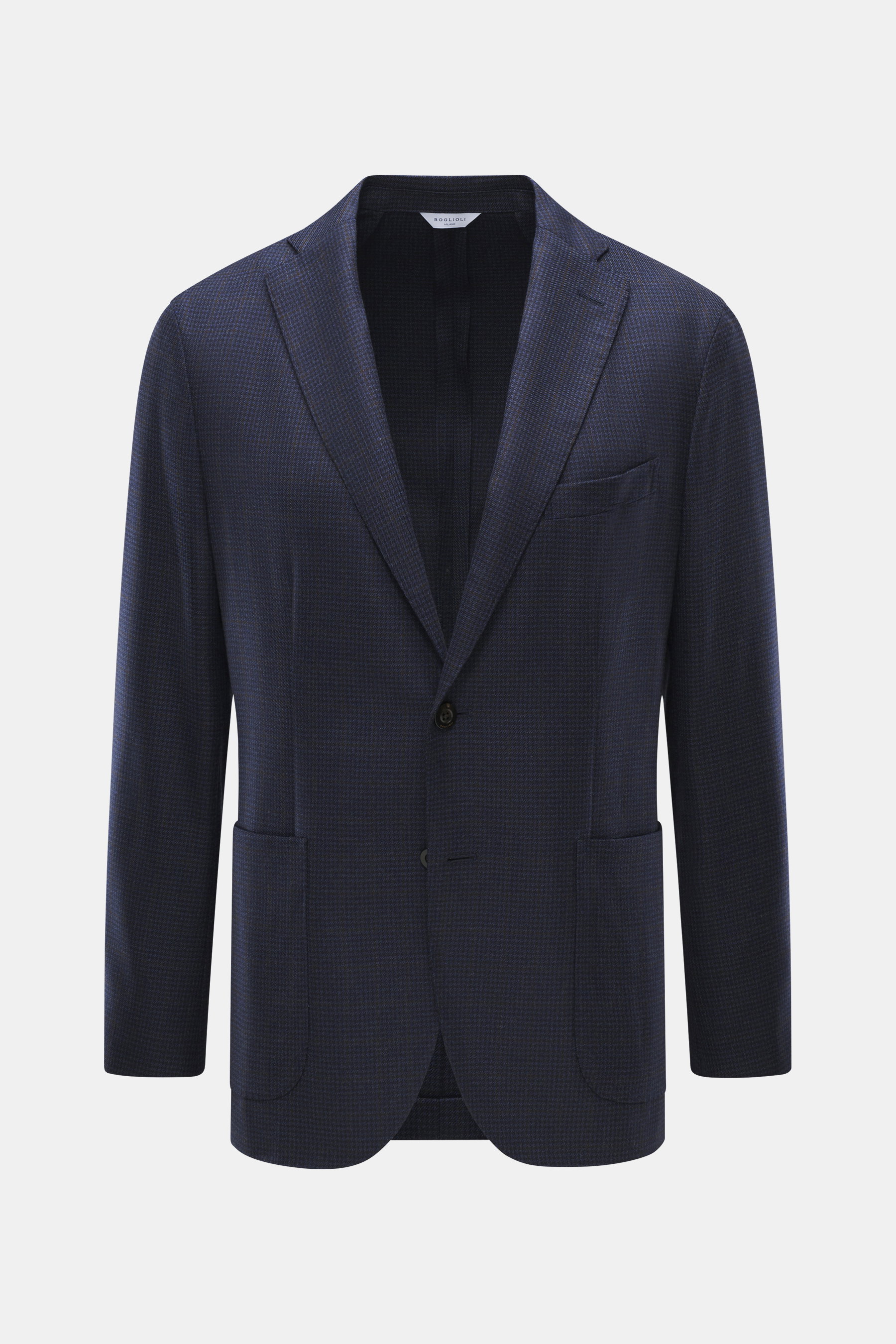 Front view of Boglioli Blazer 'K. Jacket' navy/dark brown checkered, slim fit with pure wool, Glencheck pattern, notched lapel, two-button style, classic breast pocket, patch hip pockets, kissing buttons, rear side vents, unconstructed design, two inner p