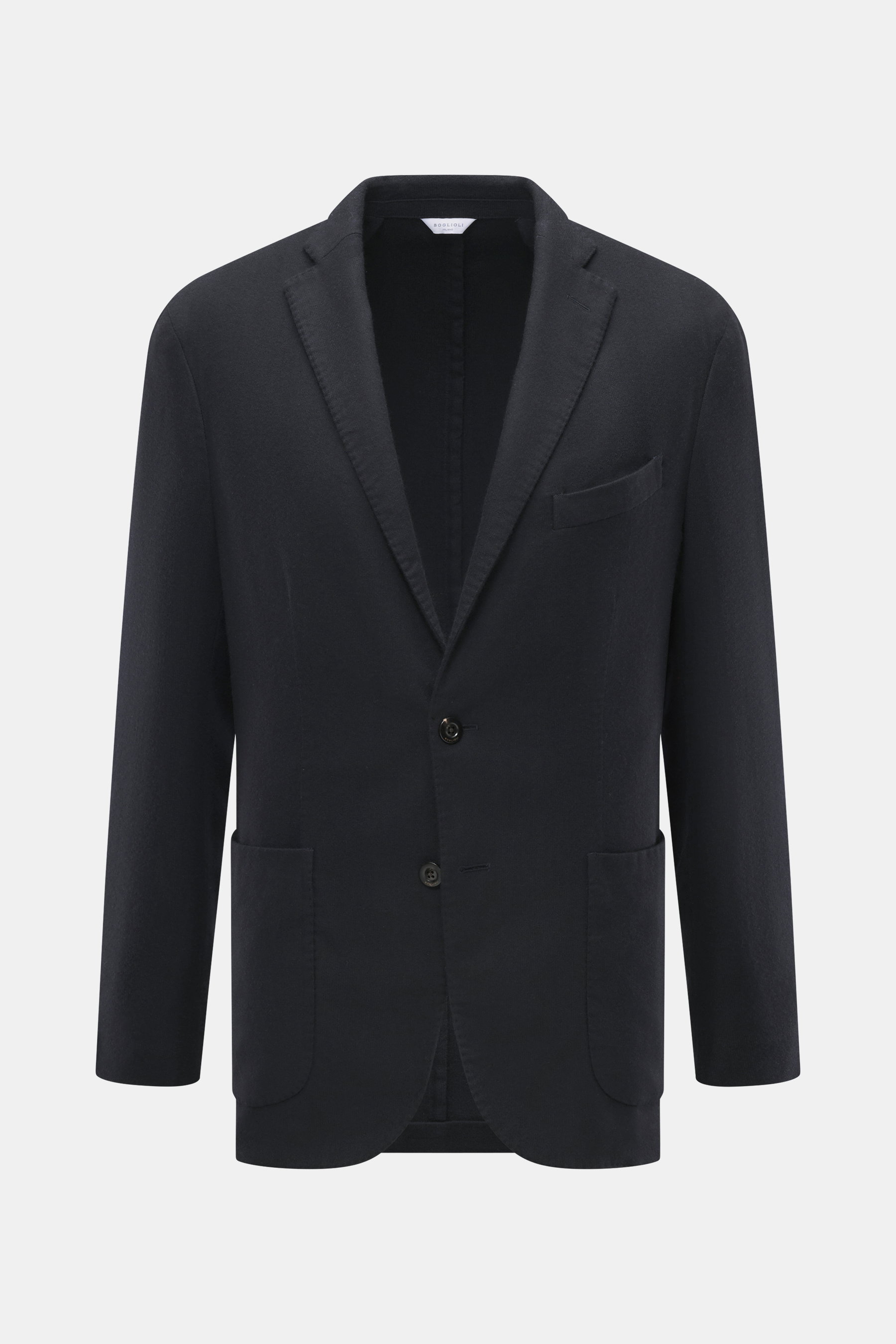 Boglioli Cashmere jersey blazer 'K. Jacket' navy shown front view, unconstructed slim fit with notched lapel, two-button, breast and patch hip pockets. Absolute classic: The jersey blazer 'K. Jacket' by the Italian label BOGLIOLI made of pure cashmere is 