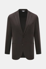 Front view of Boglioli Blazer dark brown in pure new wool with soft touch, fine tonal herringbone, slim fit, tailored two-button style, notched lapel, classic breast pocket, patch hip pockets, kissing buttons, rear side vents, unconstructed design, and tw