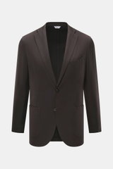 Front view of Boglioli Blazer dark brown in pure new wool with soft touch, fine tonal herringbone, slim fit, tailored two-button style, notched lapel, classic breast pocket, patch hip pockets, kissing buttons, rear side vents, unconstructed design, and tw