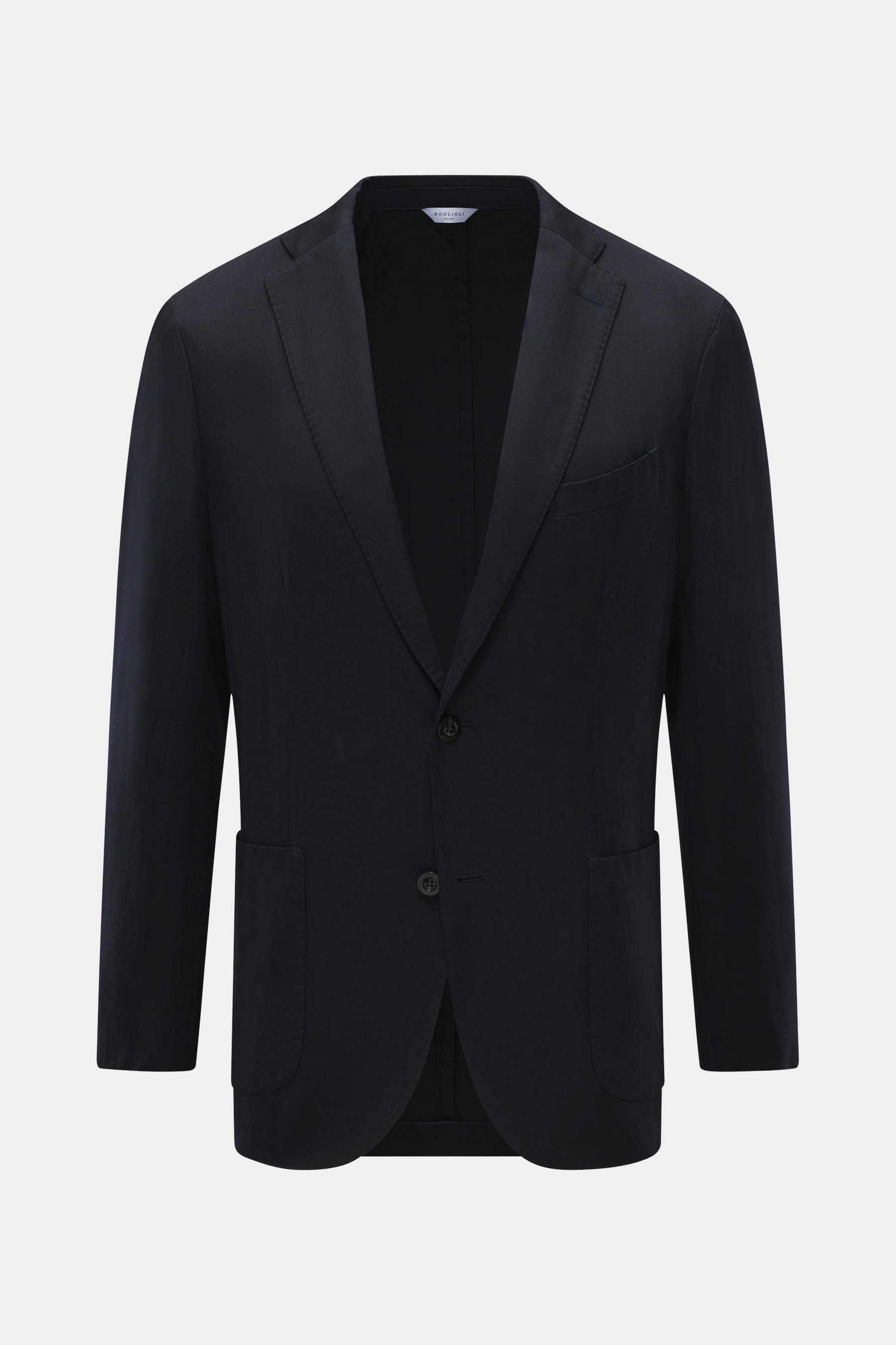 Front view of Boglioli Dark Navy Blazer in pure new wool, soft touch, fine tonal herringbone, Slim Fit, tailored two-button style, notched lapel, classic breast pocket, patch hip pockets, kissing buttons, rear side vents, unconstructed design, two inner p