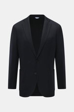 Boglioli Sakko dark navy, frontale Ansicht, reine Schurwolle, softer Griff, feiner tonaler Fischgrat, Slim Fit, taillierter Zwei-Knopf-Stil, fallendes Revers, klassische Brusttasche, aufgesetzte Hüfttaschen, Kissing Buttons, rückwärtige Seitenschlitze, Un