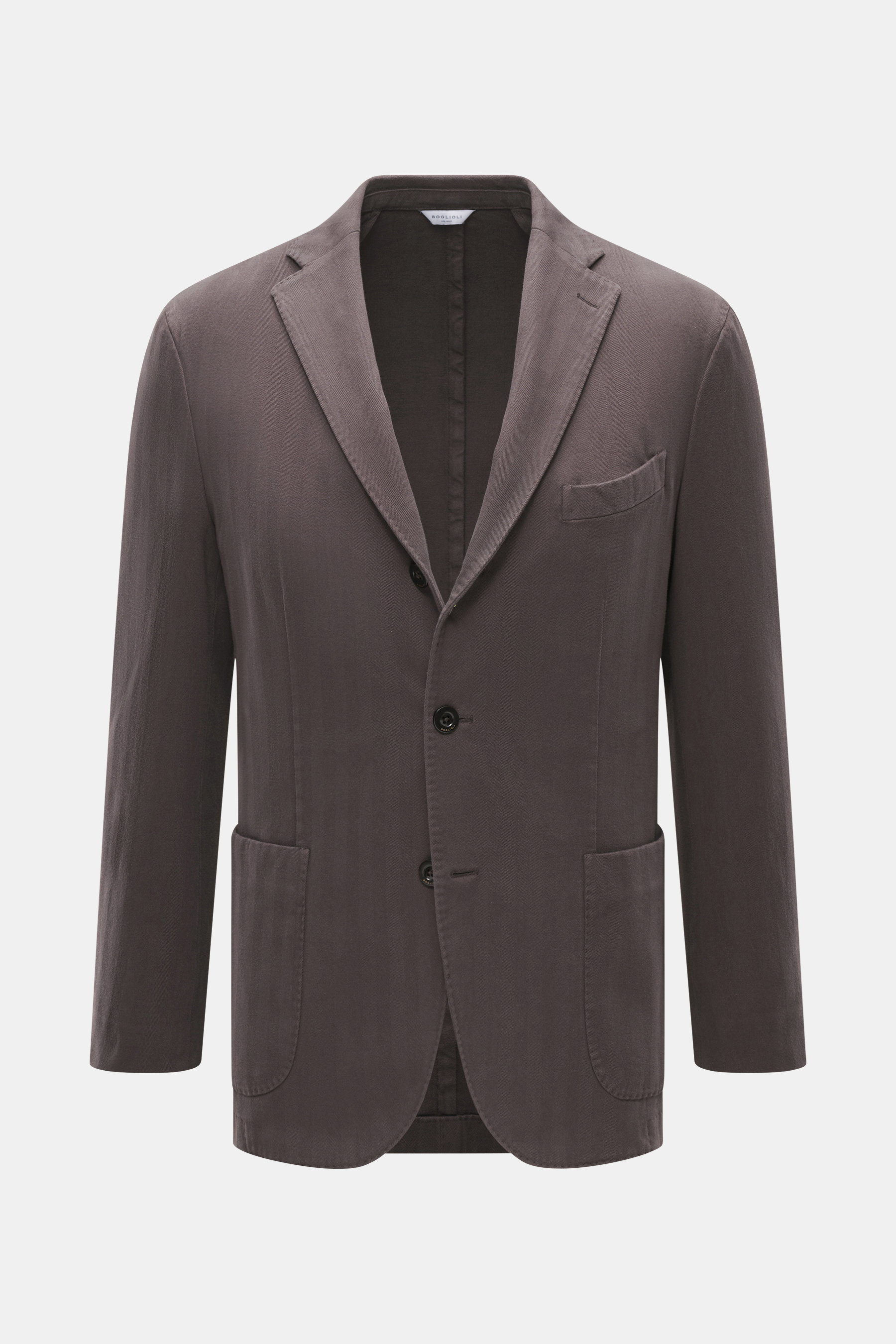 Boglioli Blazer 'K. Jacket' grey-brown shown from the front, slim fit unconstructed blazer in tonal herringbone cotton-cashmere. Ideal for business and leisure: With the simple unconstructed blazer 'K. Jacket' by BOGLIOLI made of soft cotton-cashmere blen