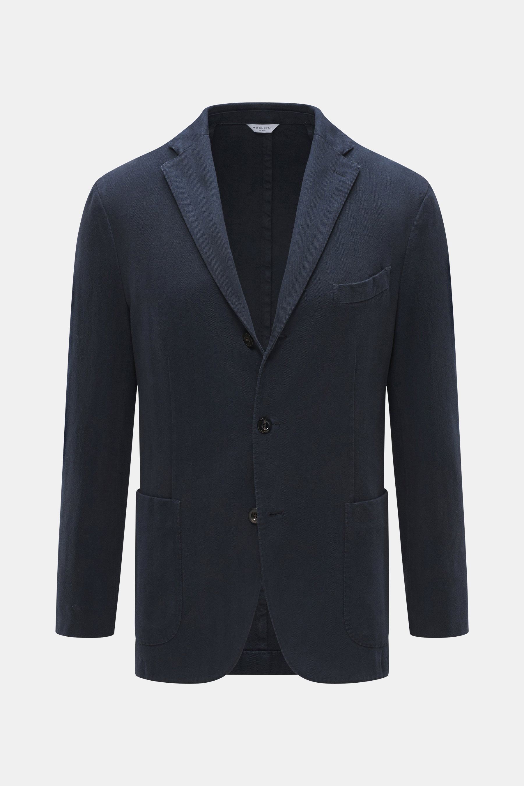 Boglioli Blazer 'K. Jacket' navy shown front view, soft cotton-cashmere blend, tonal herringbone, slim fit, unconstructed design, notched lapel, three-button, breast and patch hip pockets, kissing buttons, rear vents, two inside pockets. Ideal for busines