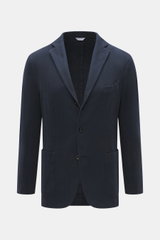 Boglioli Blazer 'K. Jacket' navy shown front view, soft cotton-cashmere blend, tonal herringbone, slim fit, unconstructed design, notched lapel, three-button, breast and patch hip pockets, kissing buttons, rear vents, two inside pockets. Ideal for busines
