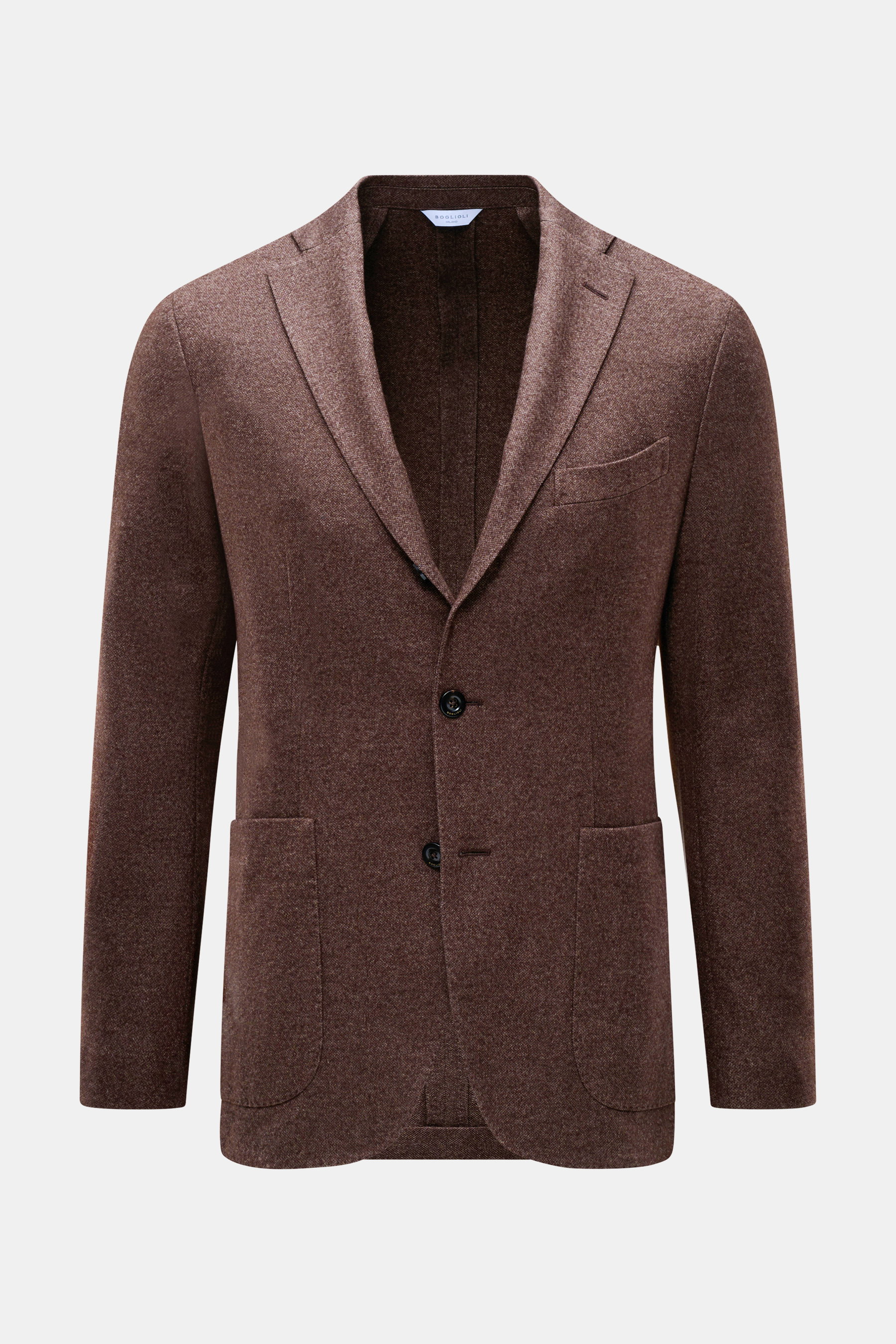 Boglioli Knit Blazer Brown Melange front view, slim fit silk-cashmere blend with fine knit, notched lapel, two-button, patch hip pockets.